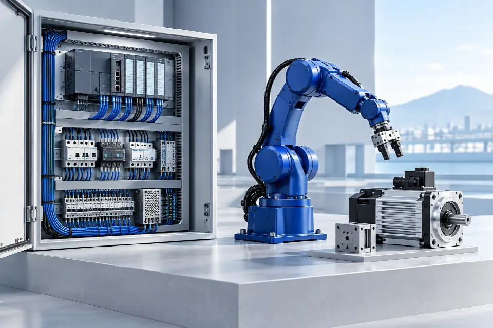 Minh họa tủ điều khiển điện, cánh tay robot và động cơ công nghiệp
